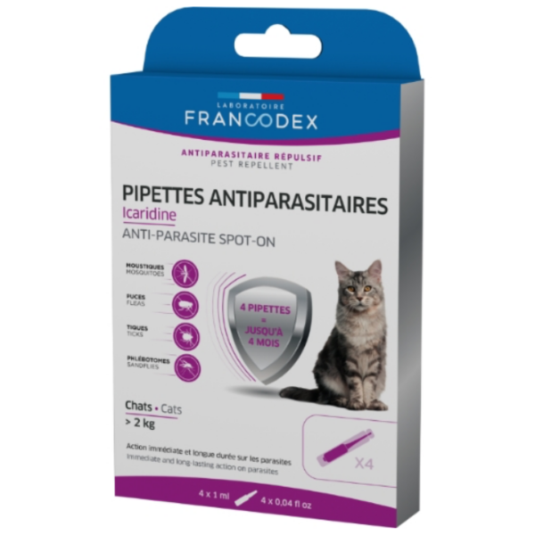 Pipettes Icaridine 4x1ml Chat +2kg - FRANCODEX